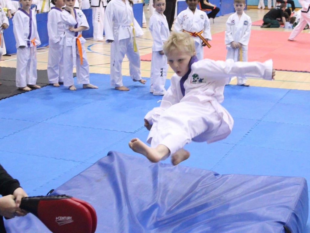 Martial Arts kids practicing their flying side kick