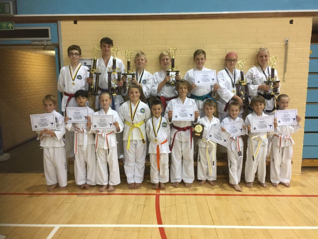 Torbay Taekwondo Students with Trophies from the Dargon Tang Soo do Competition and Cerificates from the Colourbelt grading September 2017