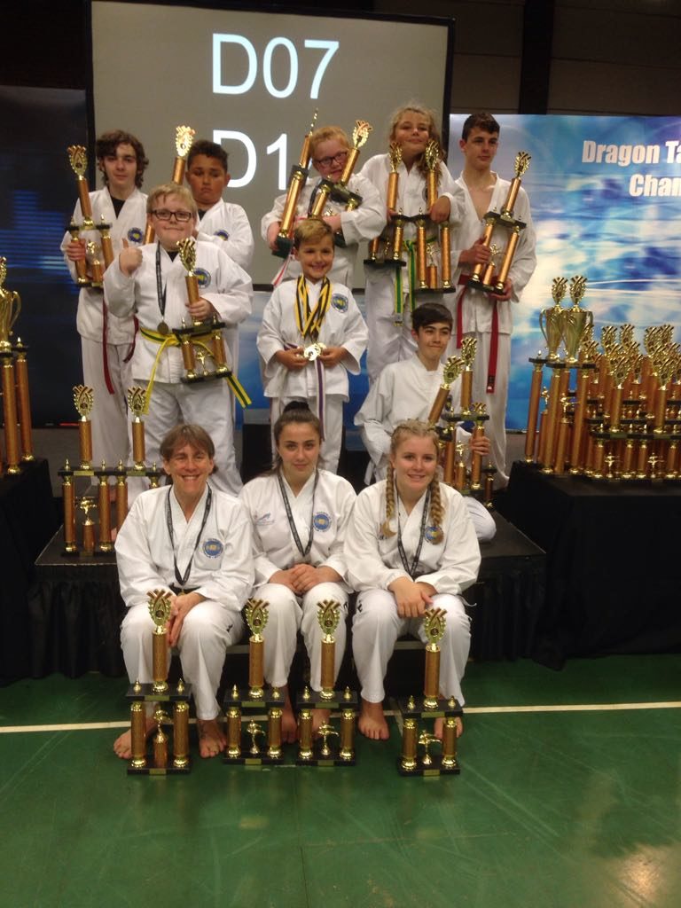 Torbay Taekwondo Students winning lots of trophies at the Open Dragon Tang Too Do Championships in Bristol Sept 2018