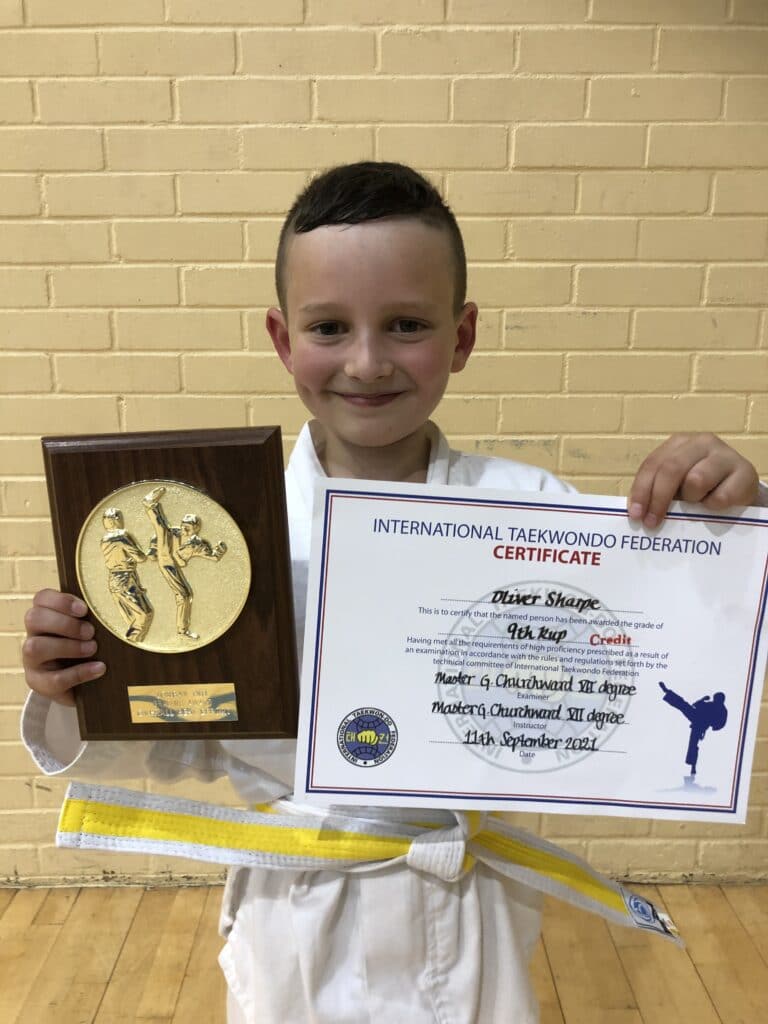 Mr Oliver Sharpe receiving the Grading Award in Sept 2021 at Torbay Taekwondo Schools